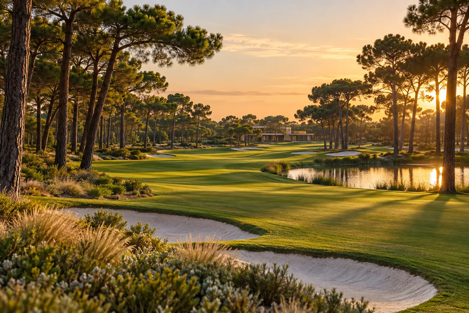 Campo de golfe entre pinheiros ao pôr do sol