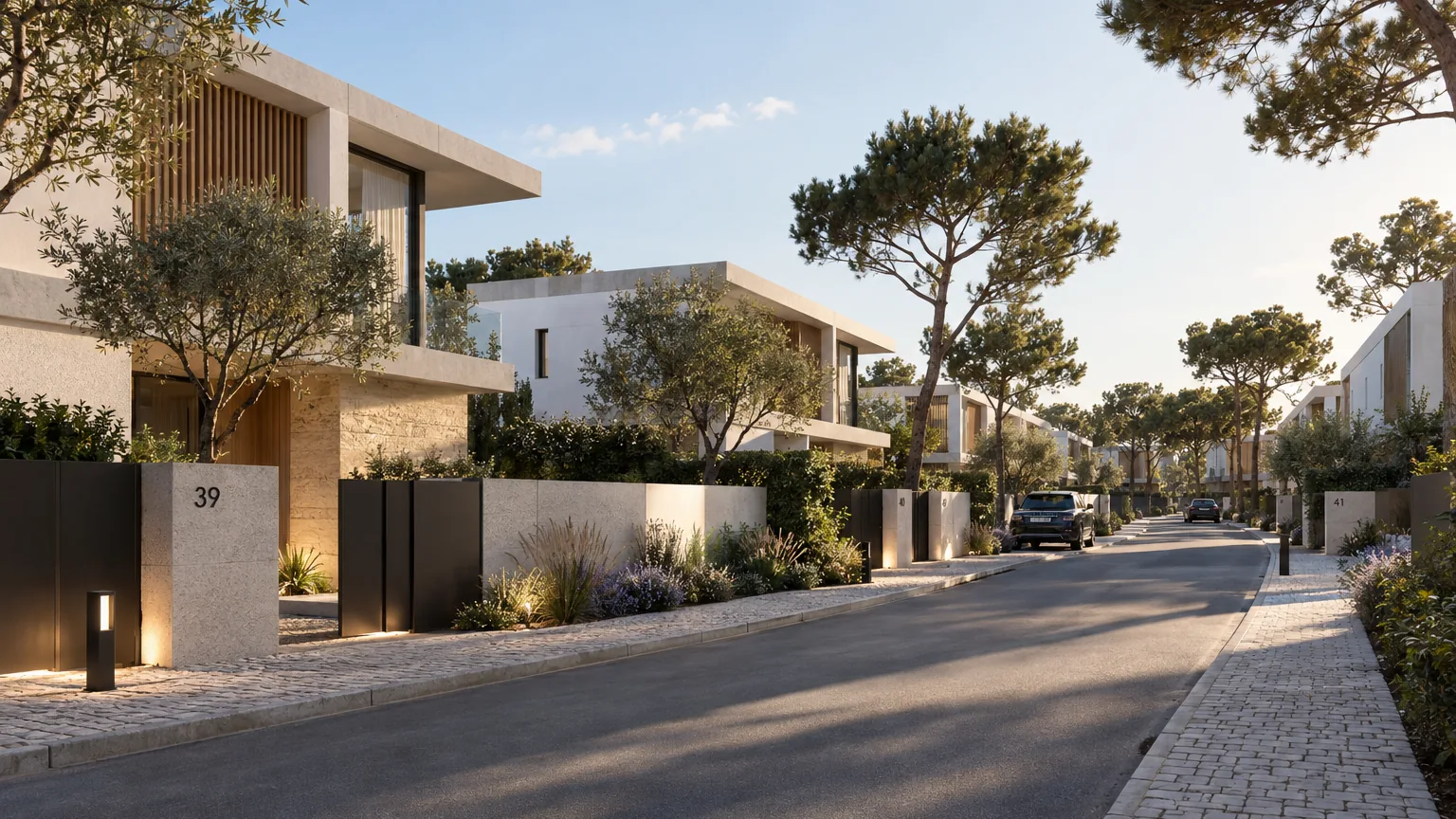 Rua residencial arborizada com moradias contemporâneas