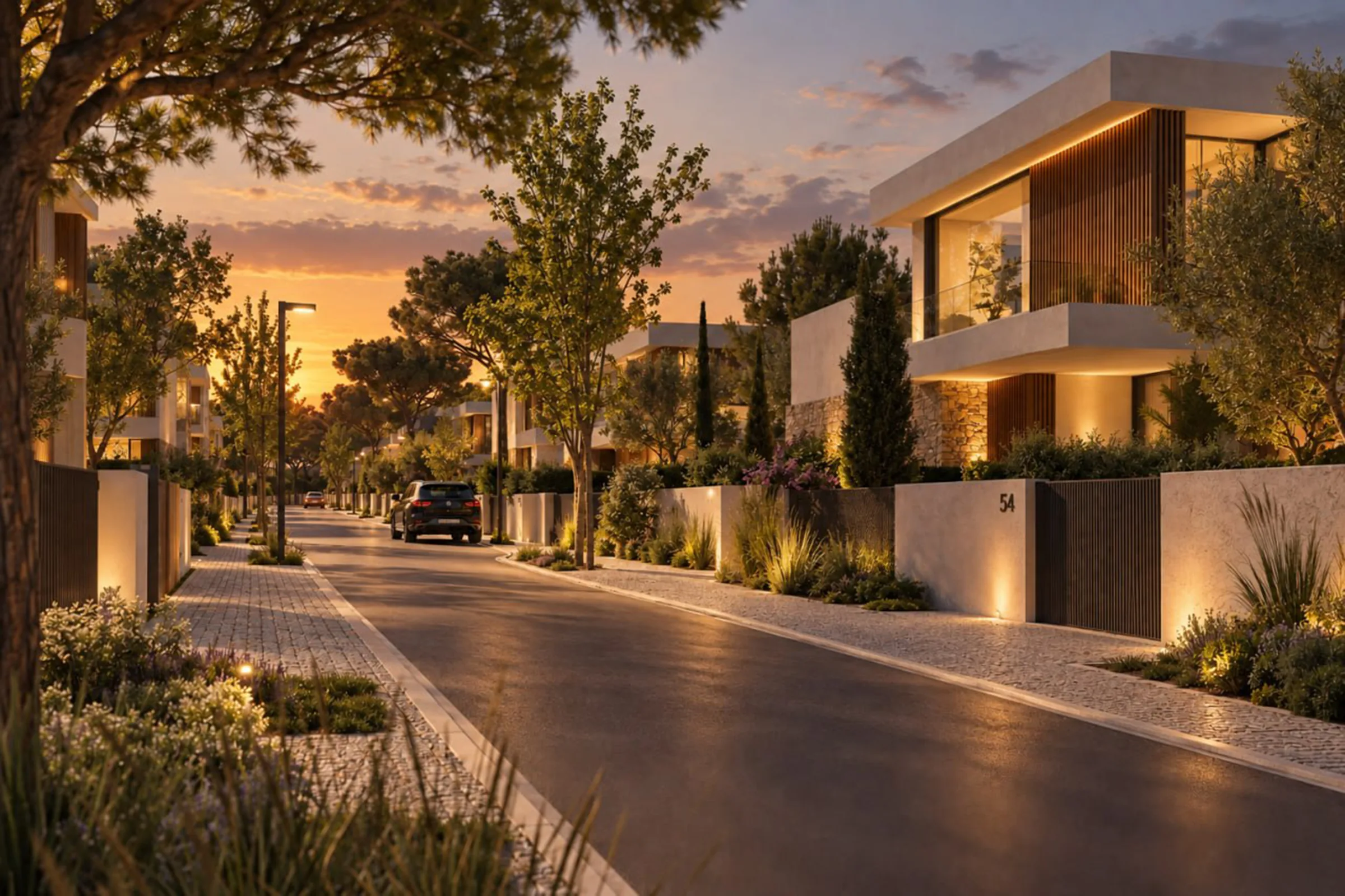 Rua residencial ao entardecer com iluminação quente